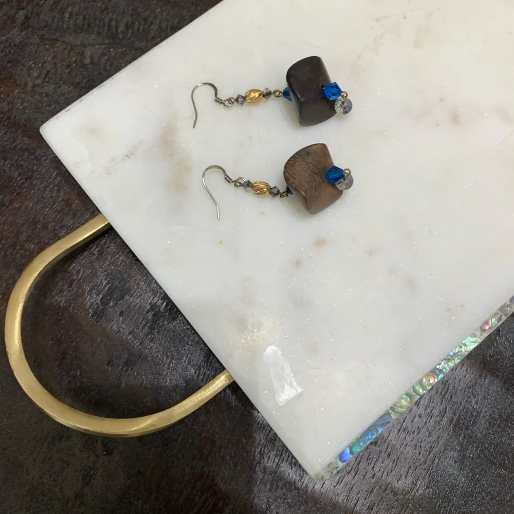 Boho dangly brown wood, royal blue Swarovski crystal bead dangle earrings